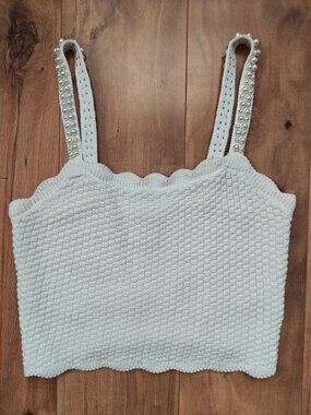 HOUSE OF HARLOW 1960 Pearl Strap Knit Tank Cream Scalloped Crop Top XS